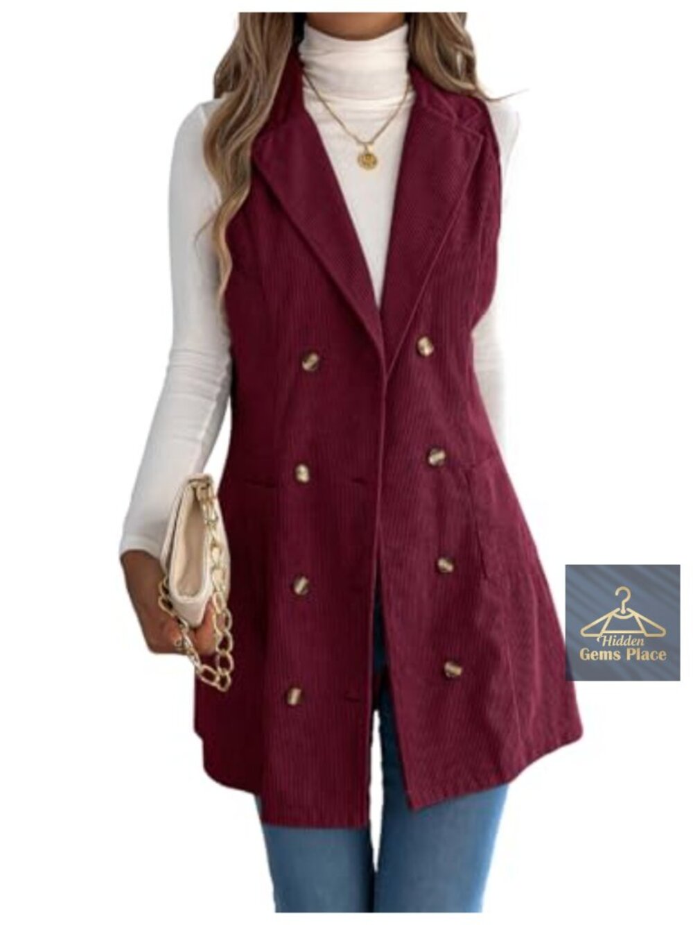 Women's Long Corduroy Double Breasted Sleeveless Blazer Vest Fall Winter